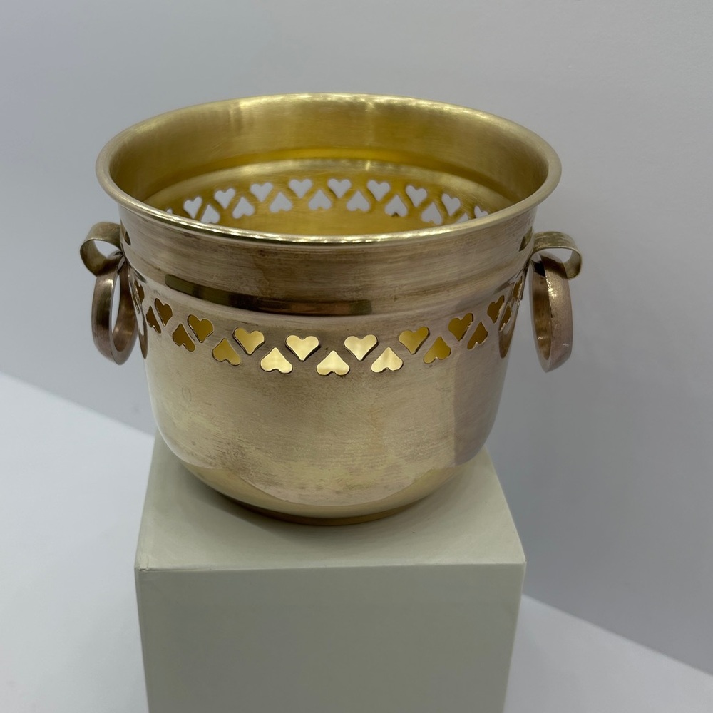Mid Century Boho Solid Brass Decorative Planter with Heart Cutouts and Handles